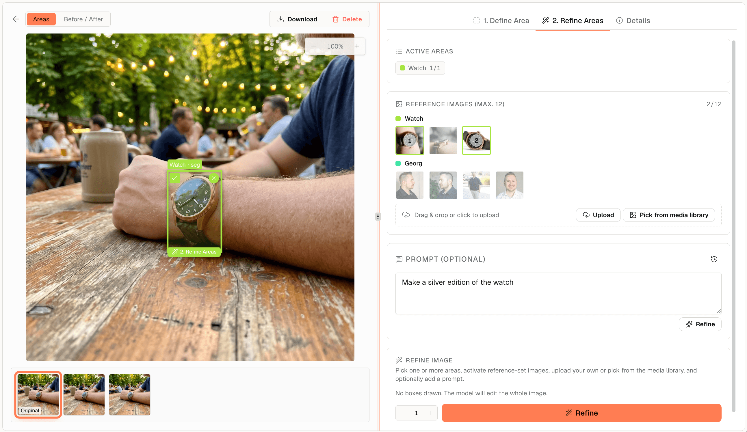 flaic refinement UI — sharpen label, product and auto-prompt